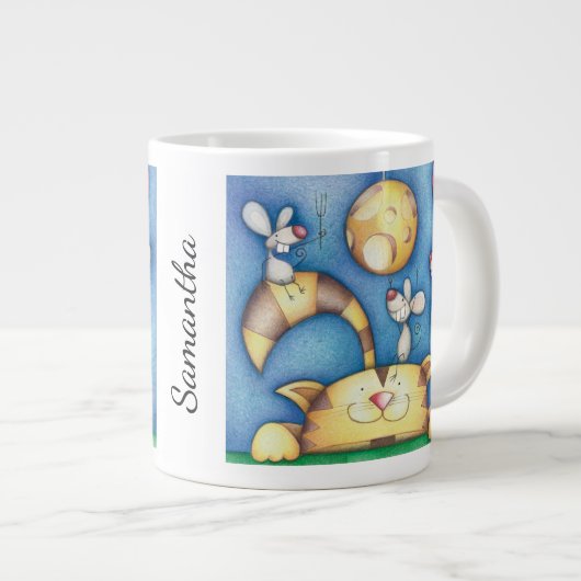 Cute Whimsical Cat and Mouse Moon Art Personalised ジャンボコーヒーマグカップ (正面右)