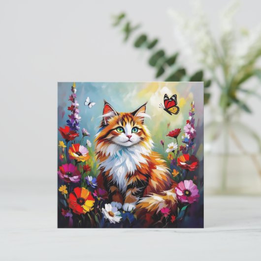 Cute Whimsical  Cat, Flowers and Butterflies カード (スタンド正面)