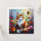 Cute Whimsical  Cat, Flowers and Butterflies カード (正面/裏面インサイチュ)