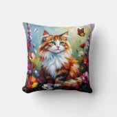 Cute Whimsical  Cat, Flowers and Butterflies クッション (正面)