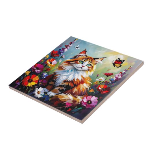 Cute Whimsical  Cat, Flowers and Butterflies タイル (側面)