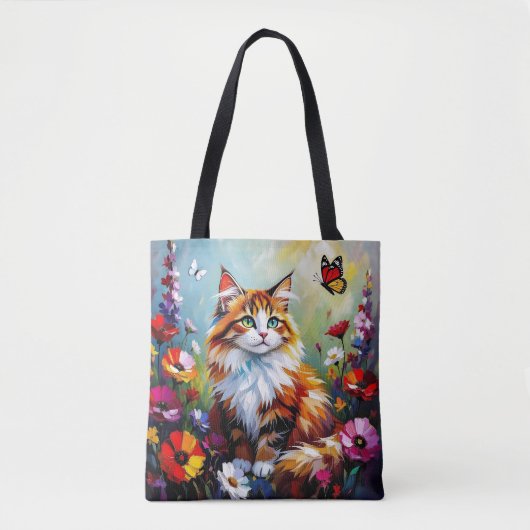 Cute Whimsical  Cat, Flowers and Butterflies トートバッグ (正面)