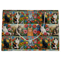 Cute Whimsical Cats and Folk Art Flowers