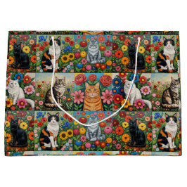 Cute Whimsical Cats and Folk Art Flowers ラージペーパーバッグ