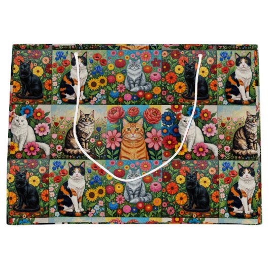 Cute Whimsical Cats and Folk Art Flowers ラージペーパーバッグ (正面)