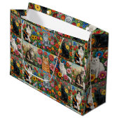 Cute Whimsical Cats and Folk Art Flowers ラージペーパーバッグ (正面アングル)