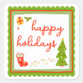 Cute Whimsical Christmas Icons HAPPY HOLIDAYS スクエアシール (正面)