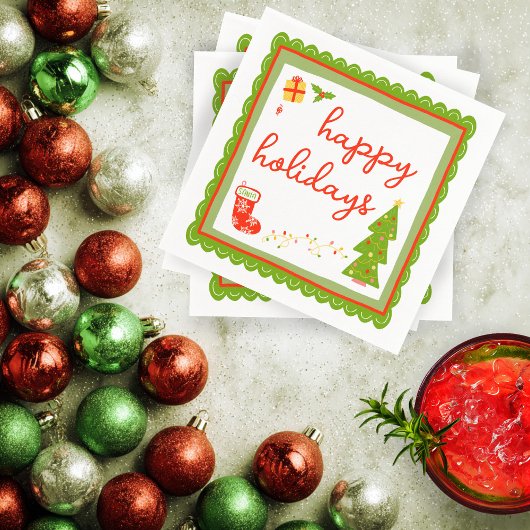 Cute Whimsical Christmas Icons HAPPY HOLIDAYS スタンダードカクテルナプキン