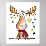 Cute Whimsical Christmas Moose ポスター<br><div class="desc">This is an original mixed media painting of a whimsical Christmas moose tangled in Christmas lights.</div>