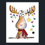 Cute Whimsical Christmas Moose ポスター<br><div class="desc">This is an original mixed media painting of a whimsical Christmas moose tangled in Christmas lights.</div>