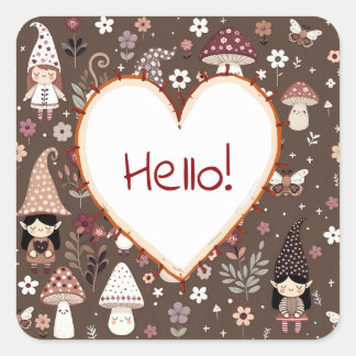 Cute Whimsical Fair Gnomes and Mushrooms Hello  スクエアシール