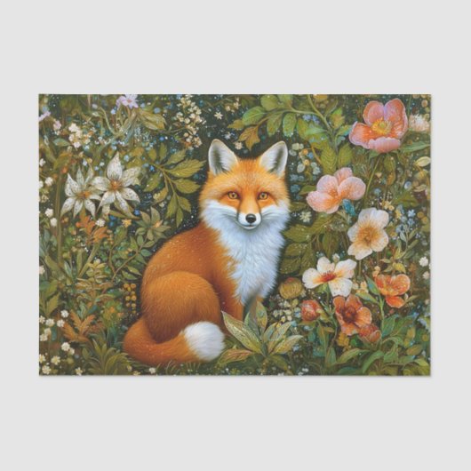 Cute Whimsical Forest Fox, Flowers ET9L Decoupage  薄葉紙 (正面)