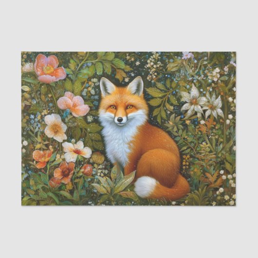 Cute Whimsical Forest Fox, Flowers ET9R Decoupage  薄葉紙 (正面)