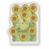 Cute Whimsical Frog And Sunflowers Illustration シール (正面)