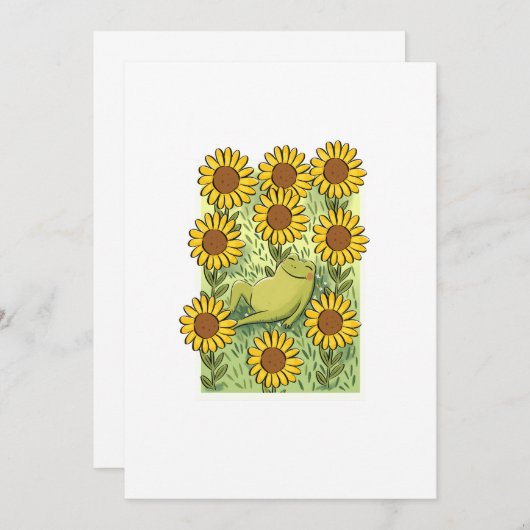 Cute Whimsical Frog And Sunflowers Illustration 招待状 (正面/裏面)