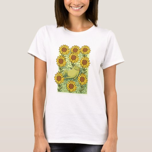 Cute Whimsical Frog And Sunflowers Illustration Tシャツ (正面)