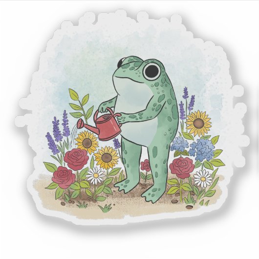 Cute Whimsical Frog In Flower Garden Illustration シール (正面)