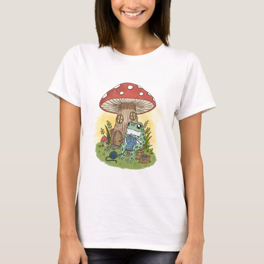 Cute Whimsical Frog Knitting Illustration Tシャツ (正面)