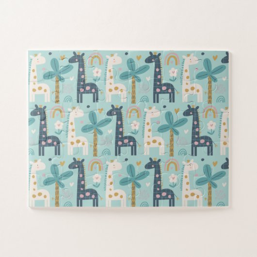 Cute Whimsical Giraffe Pattern in Pastel Blue ジグソーパズル (横)