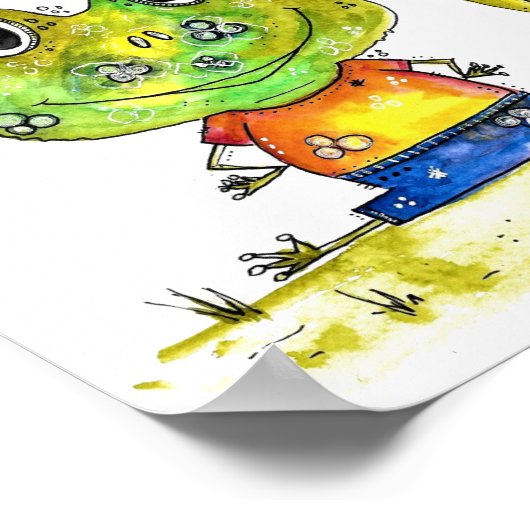 Cute Whimsical Green Frog Under a Red Flower ポスター (角)