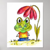 Cute Whimsical Green Frog Under a Red Flower ポスター (正面)