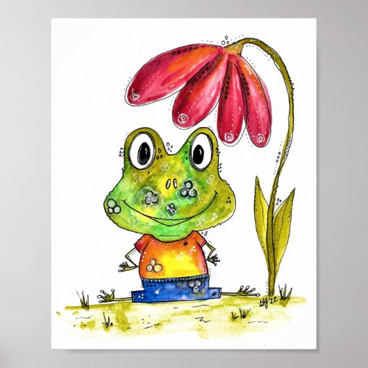 Cute Whimsical Green Frog Under a Red Flower ポスター (正面)