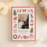 Cute Whimsical Hand-Drawn Christmas Icons Photo シーズンカード<br><div class="desc">A cute and fun holiday photo card with a quirky,  whimsical,  hand-drawn Christmas icons like a candy cane,  Christmas tree,  gift,  Santa,  wreath,  ornament,  mistletoe,  etc. The back of the card has room for a longer message.</div>