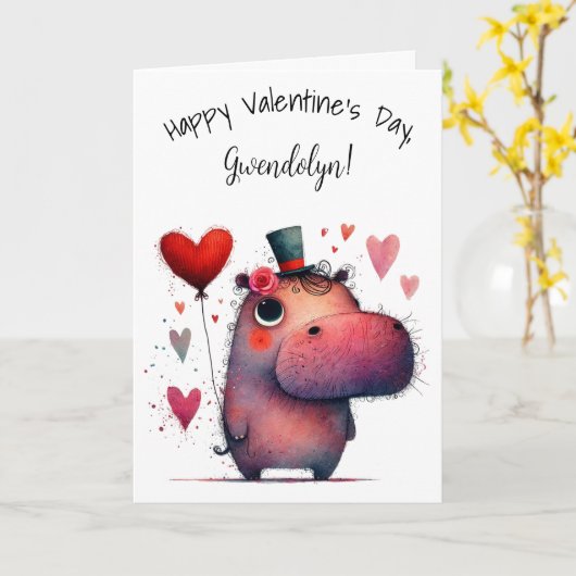 Cute Whimsical Hippo Happy Valentine's Day カード (黄色い花)