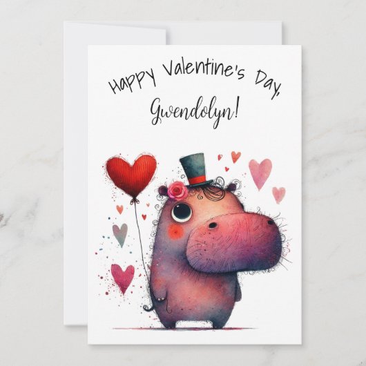 Cute Whimsical Hippo Valentine's Day Flat カード (正面)