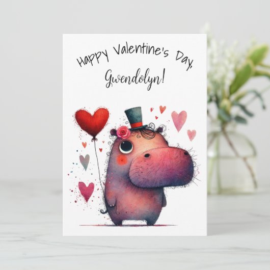 Cute Whimsical Hippo Valentine's Day Flat カード (スタンド正面)