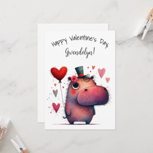 Cute Whimsical Hippo Valentine's Day Flat カード (正面/裏面インサイチュ)