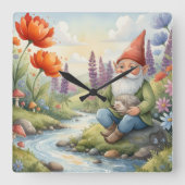 Cute Whimsical nursery gnome forest wall clock スクエア壁時計 (正面)
