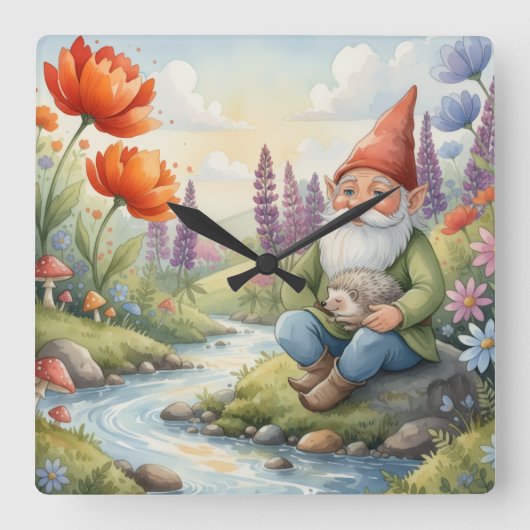 Cute Whimsical nursery gnome forest wall clock スクエア壁時計 (正面)