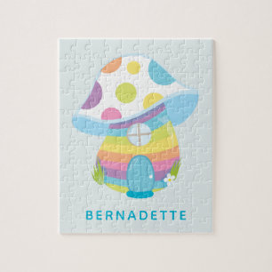 Cute Whimsical Rainbow Mushroom House Blue Name ジグソーパズル