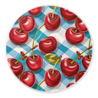 Cute Whimsical Retro Mid-Century Cherries & Plaid セラミックノブ