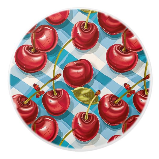 Cute Whimsical Retro Mid-Century Cherries & Plaid セラミックノブ (正面)