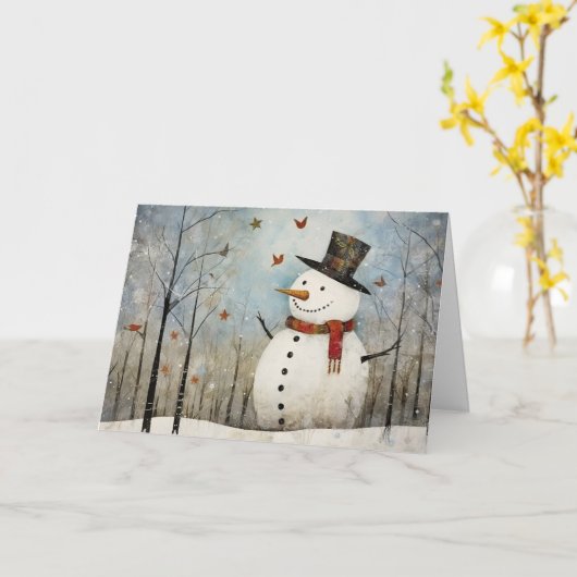 Cute Whimsical Snowman in a Top Hat Holiday  カード (黄色い花)
