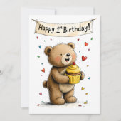 Cute Whimsical Teddy Bear Happy 1st Birthday Flat カード (正面)