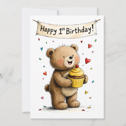 Cute Whimsical Teddy Bear Happy 1st Birthday Flat カード (正面)