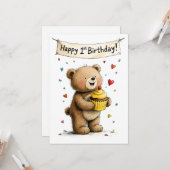 Cute Whimsical Teddy Bear Happy 1st Birthday Flat カード (正面/裏面インサイチュ)