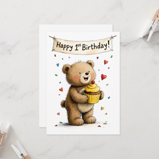 Cute Whimsical Teddy Bear Happy 1st Birthday Flat カード (正面/裏面インサイチュ)