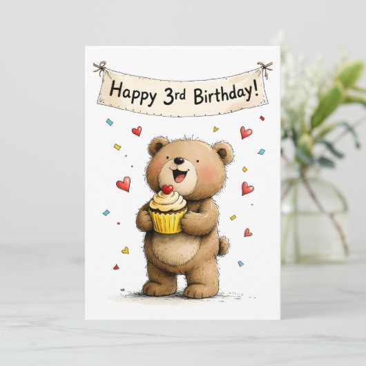 Cute Whimsical Teddy Bear Happy 3rd Birthday Flat カード (スタンド正面)