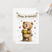 Cute Whimsical Teddy Bear Happy 3rd Birthday Flat カード (正面/裏面インサイチュ)
