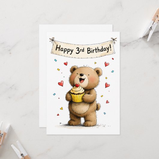 Cute Whimsical Teddy Bear Happy 3rd Birthday Flat カード (正面/裏面インサイチュ)