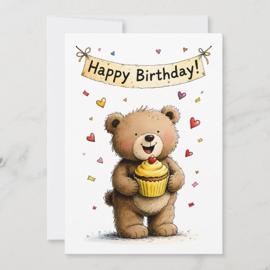 Cute Whimsical Teddy Bear Happy Birthday Flat カード (正面)