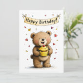 Cute Whimsical Teddy Bear Happy Birthday Flat カード (スタンド正面)