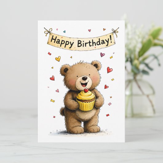 Cute Whimsical Teddy Bear Happy Birthday Flat カード (スタンド正面)