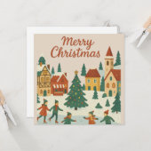 Cute Whimsical Winter Town Merry Christmas Card カード (正面/裏面インサイチュ)