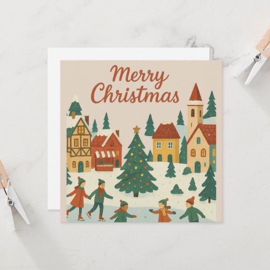 Cute Whimsical Winter Town Merry Christmas Card カード (正面/裏面インサイチュ)