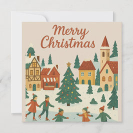 Cute Whimsical Winter Town Merry Christmas Card カード